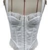 Elegant white corset crop top for women with floral embroidery and lace detailing by LuckeLadybug LLC