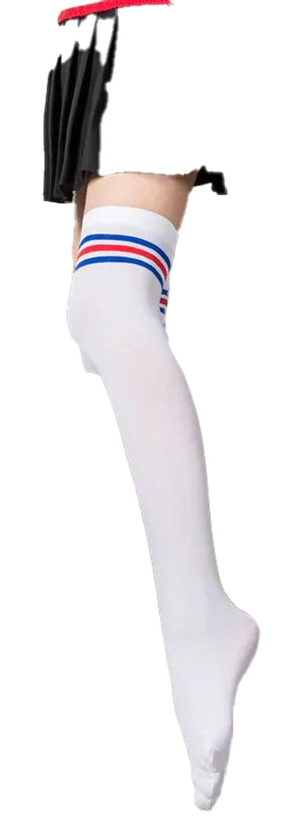 LuckeLadybug women's over the knee socks in white with red and blue stripes for a stylish look