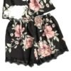 LuckeLadybug LLC women silk satin lace sleepwear set featuring floral design and comfortable shorts