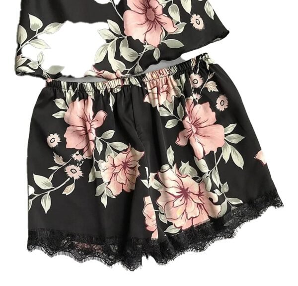 LuckeLadybug LLC women silk satin lace sleepwear set featuring floral design and comfortable shorts