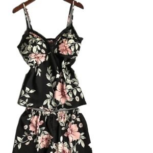 LuckeLadybug women's silk satin lace sleepwear set with floral design in black and pink colors