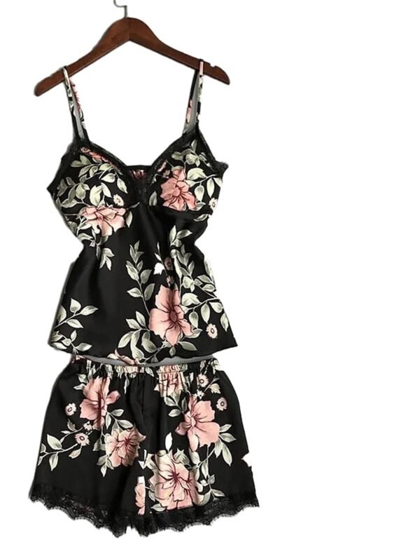 LuckeLadybug women's silk satin lace sleepwear set with floral design in black and pink colors