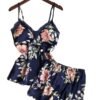 LuckeLadybug women silk satin lace sleepwear set in floral design featuring a camisole and shorts