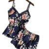 LuckeLadybug LLC women silk satin lace sleepwear set featuring floral design in navy and soft lace trim