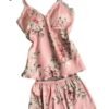 Women silk satin lace sleepwear set in pink with floral design, featuring a camisole and shorts