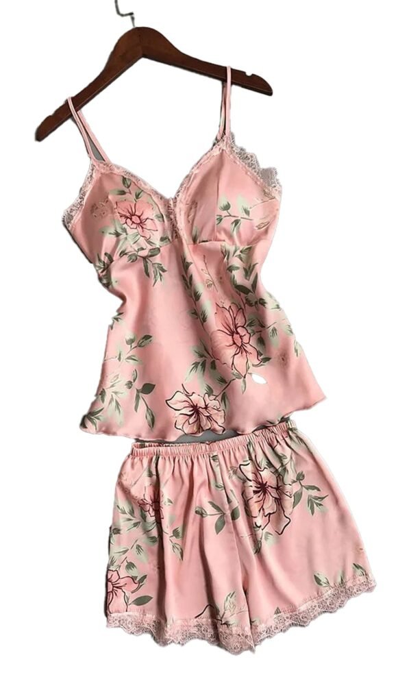 Women silk satin lace sleepwear set in pink with floral design, featuring a camisole and shorts