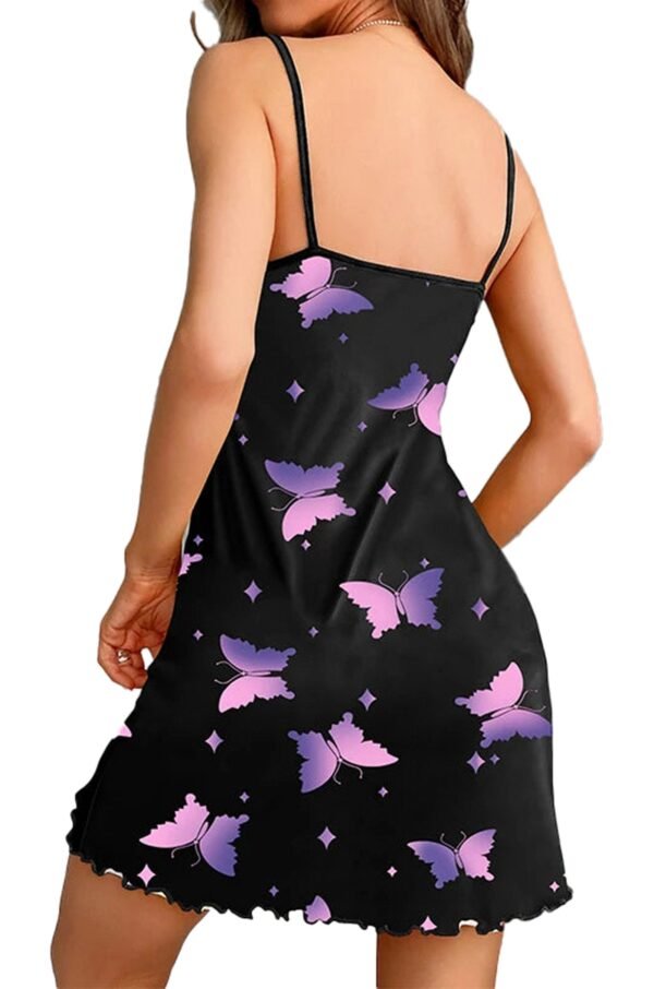 LuckeLadybug women's butterfly print nightdress in black with pink butterfly design and adjustable straps