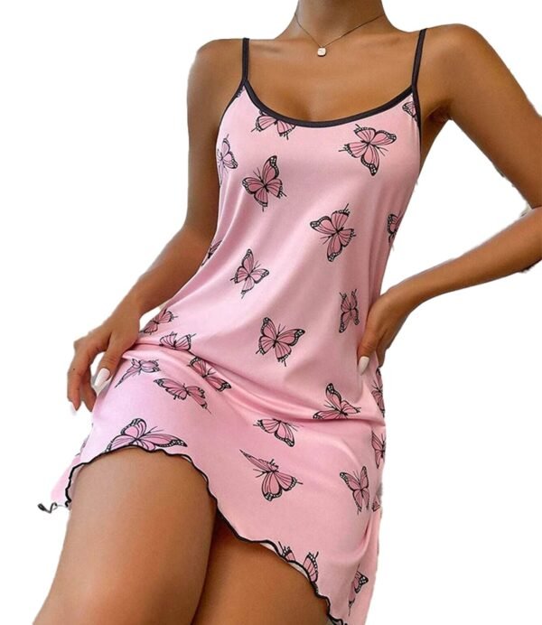 Soft pink women's butterfly print nightdress with delicate straps and a stylish hem design