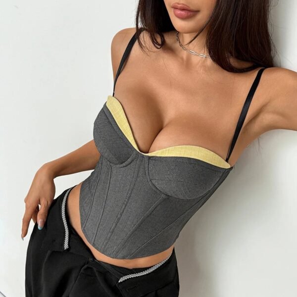 Womens Corset Bustier Top In Elegant Style 6 Womens Corset Bustier Top In Elegant Style Stylish women's corset bustier top in gray with yellow detailing and adjustable straps