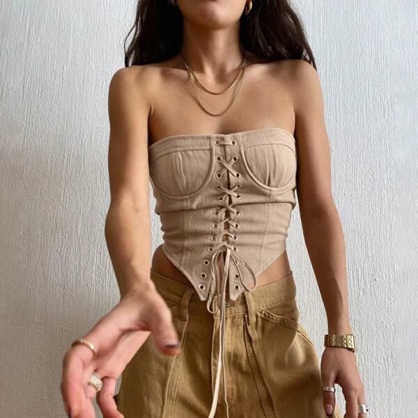Womens Corset Crop Top Trendy Fashion Style 36 Womens Corset Crop Top Trendy Fashion Style Beige women's corset crop top with lace-up front and strapless design for stylish outfits