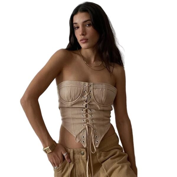 Womens Corset Crop Top Trendy Fashion Style 35 Womens Corset Crop Top Trendy Fashion Style Stylish women's corset crop top in beige featuring lace-up front and fitted design