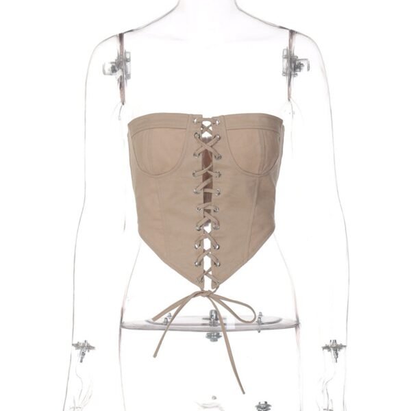 Womens Corset Crop Top Trendy Fashion Style 45 Womens Corset Crop Top Trendy Fashion Style Beige women's corset crop top with lace-up front and adjustable tie for a stylish fit