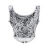 Elegant women's corset top in black and silver floral design with a fitted silhouette