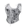 LuckeLadybug women's corset top in silver floral design with adjustable ties and lace-up front