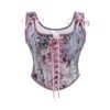 Womens Corset Top With Floral Design 34 Womens Corset Top With Floral Design LuckeLadybug women's corset top featuring floral design and pink ribbon lacing for a stylish look