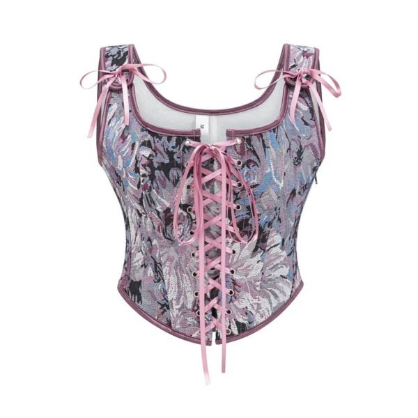 Womens Corset Top With Floral Design 1 Womens Corset Top With Floral Design LuckeLadybug women's corset top featuring floral design and pink ribbon lacing for a stylish look