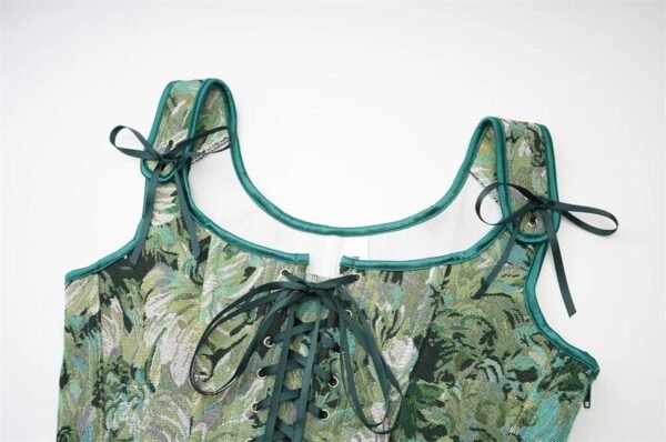 Womens Corset Top With Floral Design 13 Womens Corset Top With Floral Design LuckeLadybug LLC women's corset top in green floral design with lace-up front and adjustable shoulder ties