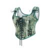 LuckeLadybug LLC women's corset top in green floral print with adjustable lace-up details