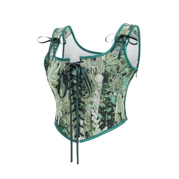 Womens Corset Top With Floral Design 11 Womens Corset Top With Floral Design LuckeLadybug LLC women's corset top in green floral print with adjustable lace-up details