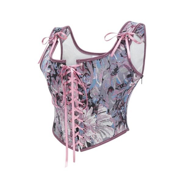 Womens Corset Top With Floral Design 4 Womens Corset Top With Floral Design Elegant women's corset top with floral print and ribbon ties for stylish layering