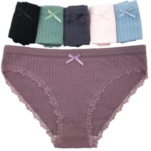 Women's cotton hipster underwear in assorted colors with lace trim and bow detail