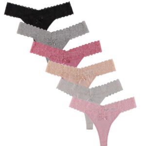 Set of women's cotton thong panties in various colors with lace trim design