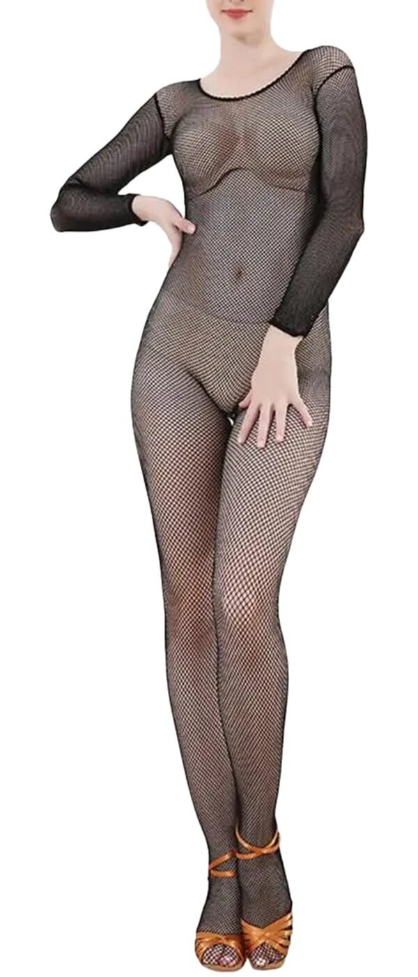 LuckeLadybug women's fishnet jumpsuit in black with long sleeves for a stylish and bold look
