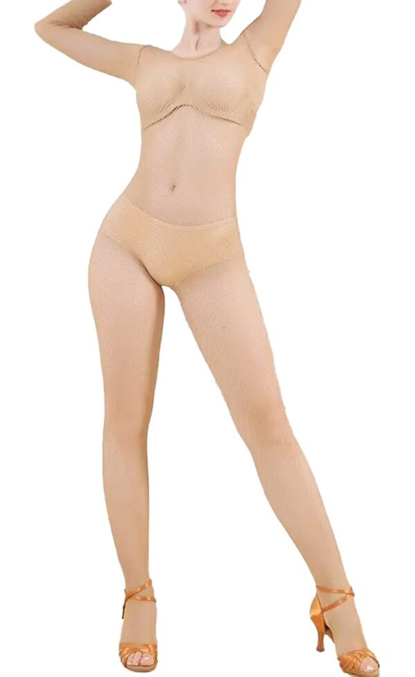 LuckeLadybug women's fishnet jumpsuit in beige, ideal for stylish layering and dancewear.
