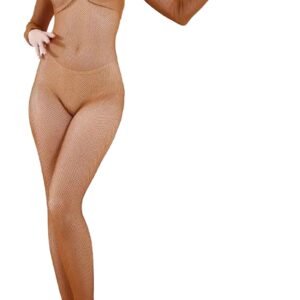 Women's fishnet jumpsuit in nude color, featuring long sleeves and a form-fitting design for a stylish look