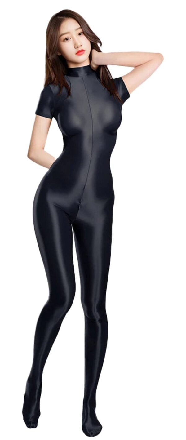 LuckeLadybug LLC women's fitness bodysuit zipper in sleek black with a stylish short sleeve design