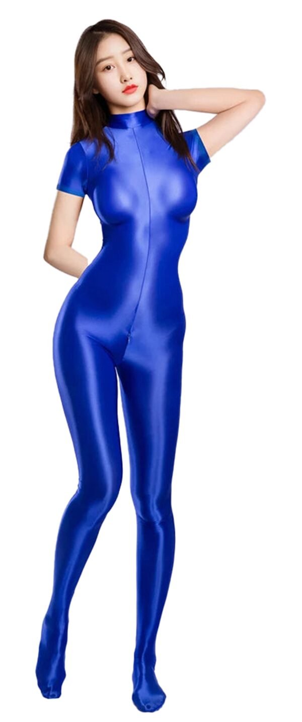 Women's fitness bodysuit zipper in blue with a sleek, form-fitting design for workouts