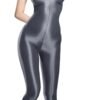 Sleek women's fitness bodysuit zipper in shiny gray fabric for an elegant look and comfortable fit
