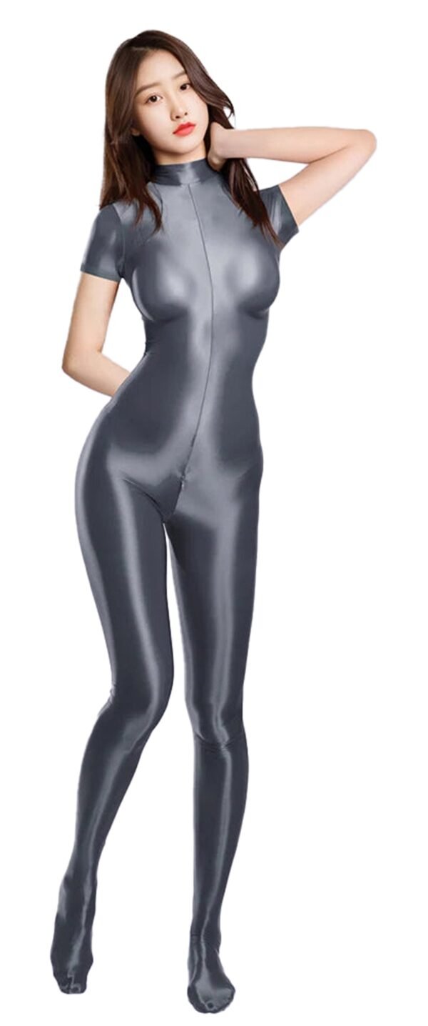Sleek women's fitness bodysuit zipper in shiny gray fabric for an elegant look and comfortable fit