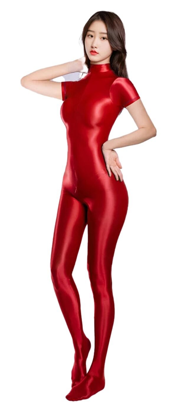 Red women's fitness bodysuit zipper with short sleeves for stylish workouts