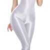 LuckeLadybug women's fitness bodysuit zipper in shiny white for a sleek and stylish workout look
