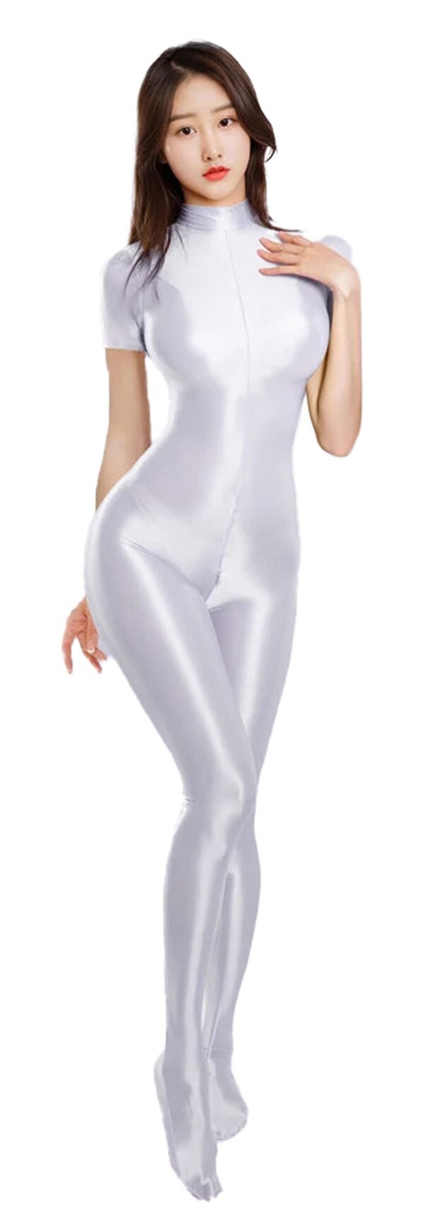 LuckeLadybug women's fitness bodysuit zipper in shiny white for a sleek and stylish workout look