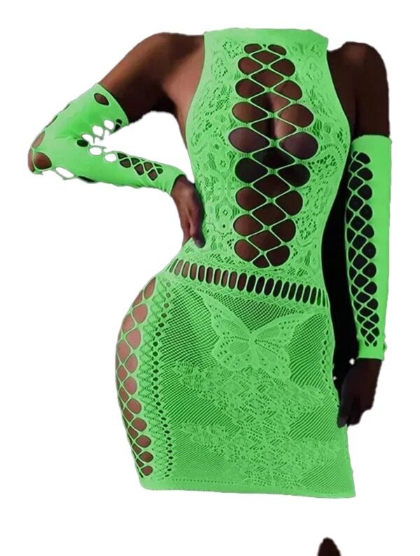 LuckeLadybug LLC women's glow in the dark bodystocking with intricate lace design and long sleeves