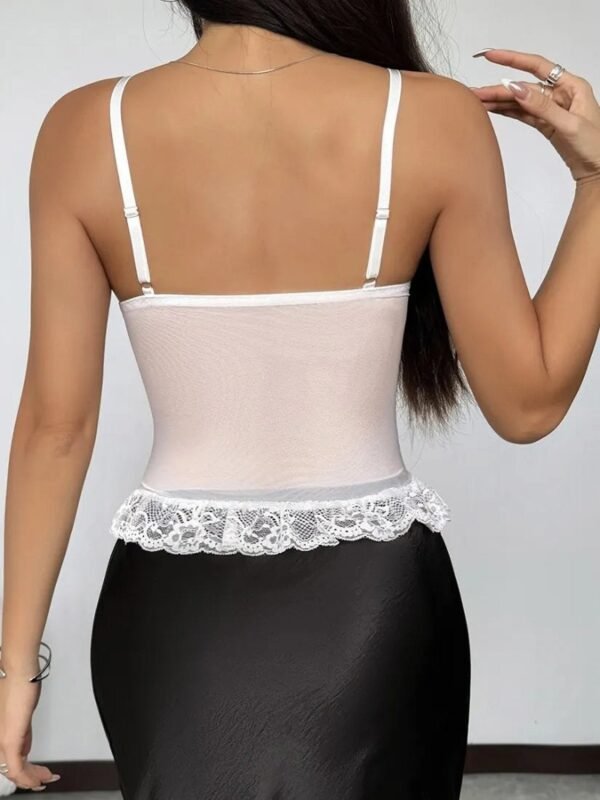 Back view of a women's lace corset top with adjustable straps and lace trim