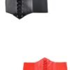 Two women's leather corset belts, one black and one red, featuring lace-up detailing for a stylish fit