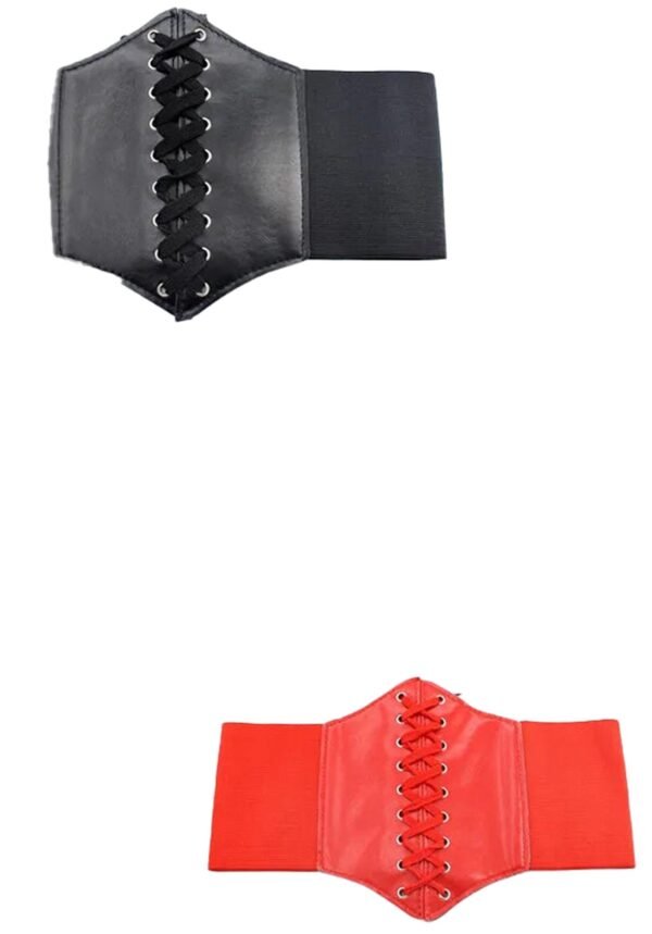 Womens Leather Corset Belt for Style 3 Womens Leather Corset Belt for Style Two women's leather corset belts, one black and one red, featuring lace-up detailing for a stylish fit