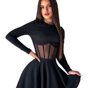 LuckeLadybug LLC women's mesh corset dress with long sleeves and flared skirt