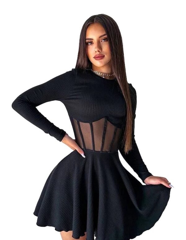 LuckeLadybug LLC women's mesh corset dress with long sleeves and flared skirt