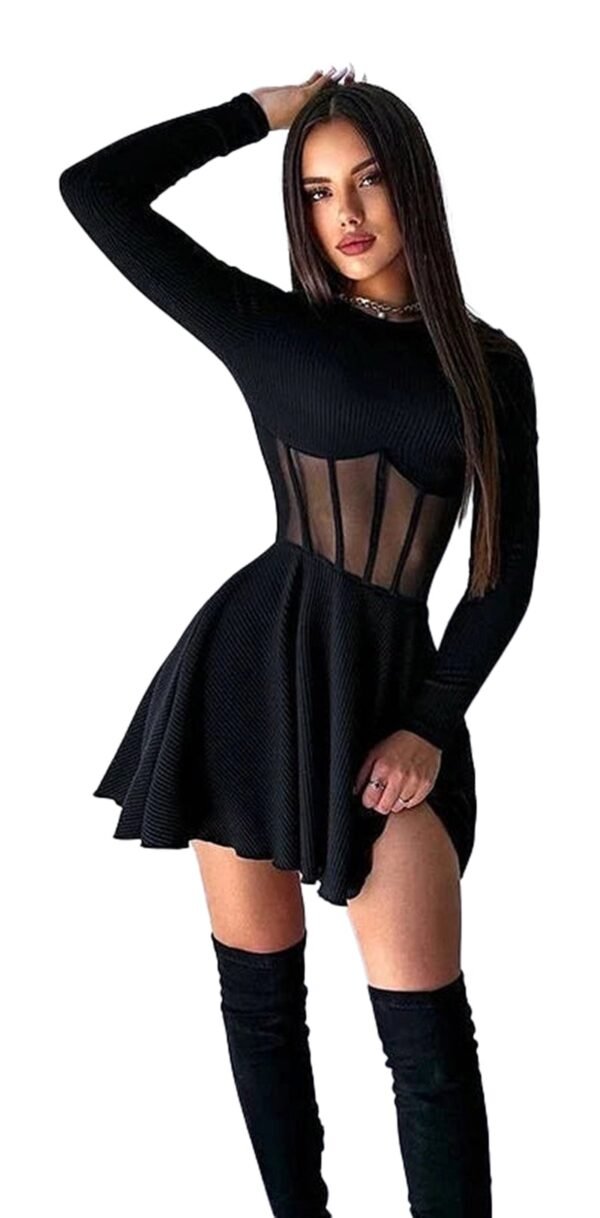 Stylish women's mesh corset dress with long sleeves and a flared skirt design