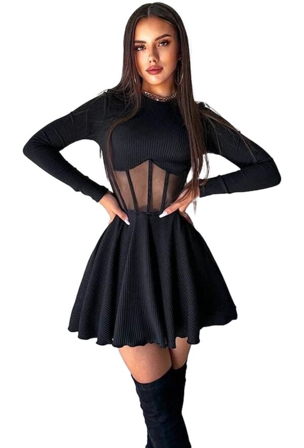 Stunning women's mesh corset dress with long sleeves and flared skirt design in black