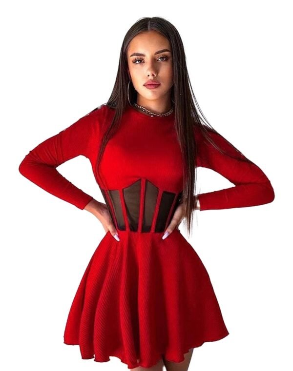 Stylish women's mesh corset dress in red with long sleeves and fitted waist for a flattering silhouette