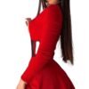 Stylish women's mesh corset dress in red with long sleeves and flared skirt from LuckeLadybug LLC