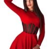 Stylish women's mesh corset dress in red with long sleeves and flared skirt for a chic look