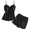 Black women's satin pajama set featuring lace trim and adjustable spaghetti straps