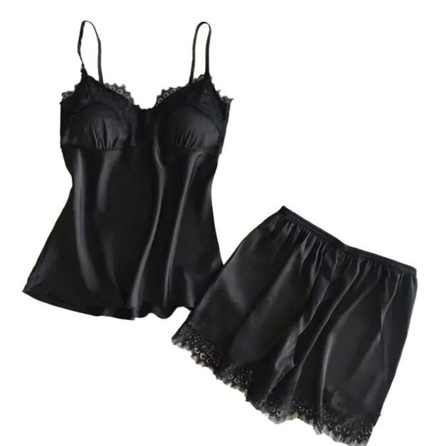 Black women's satin pajama set featuring lace trim and adjustable spaghetti straps