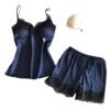 LuckeLadybug LLC women's satin pajama set with lace trim, featuring a camisole and shorts in navy blue